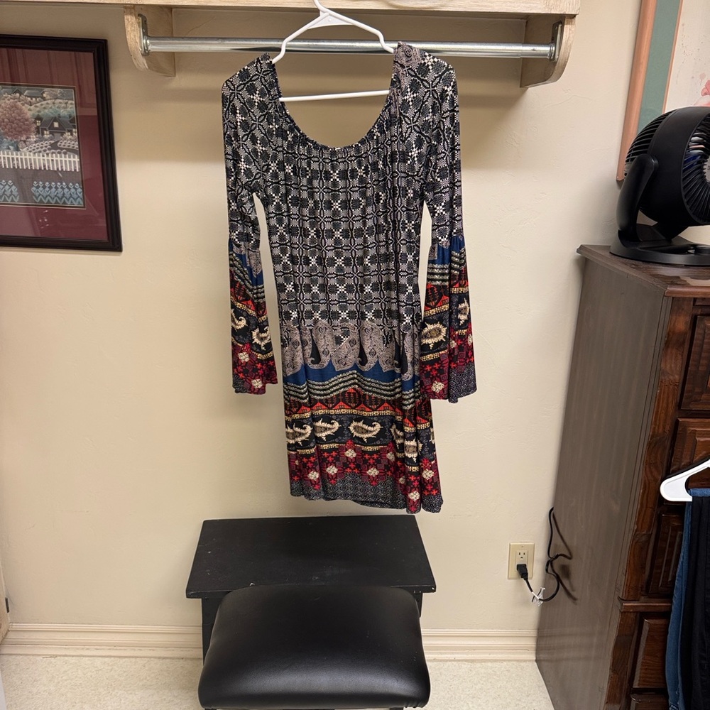 Boho Patterned Long Sleeve Scoop-Neck Dress in Multicolor